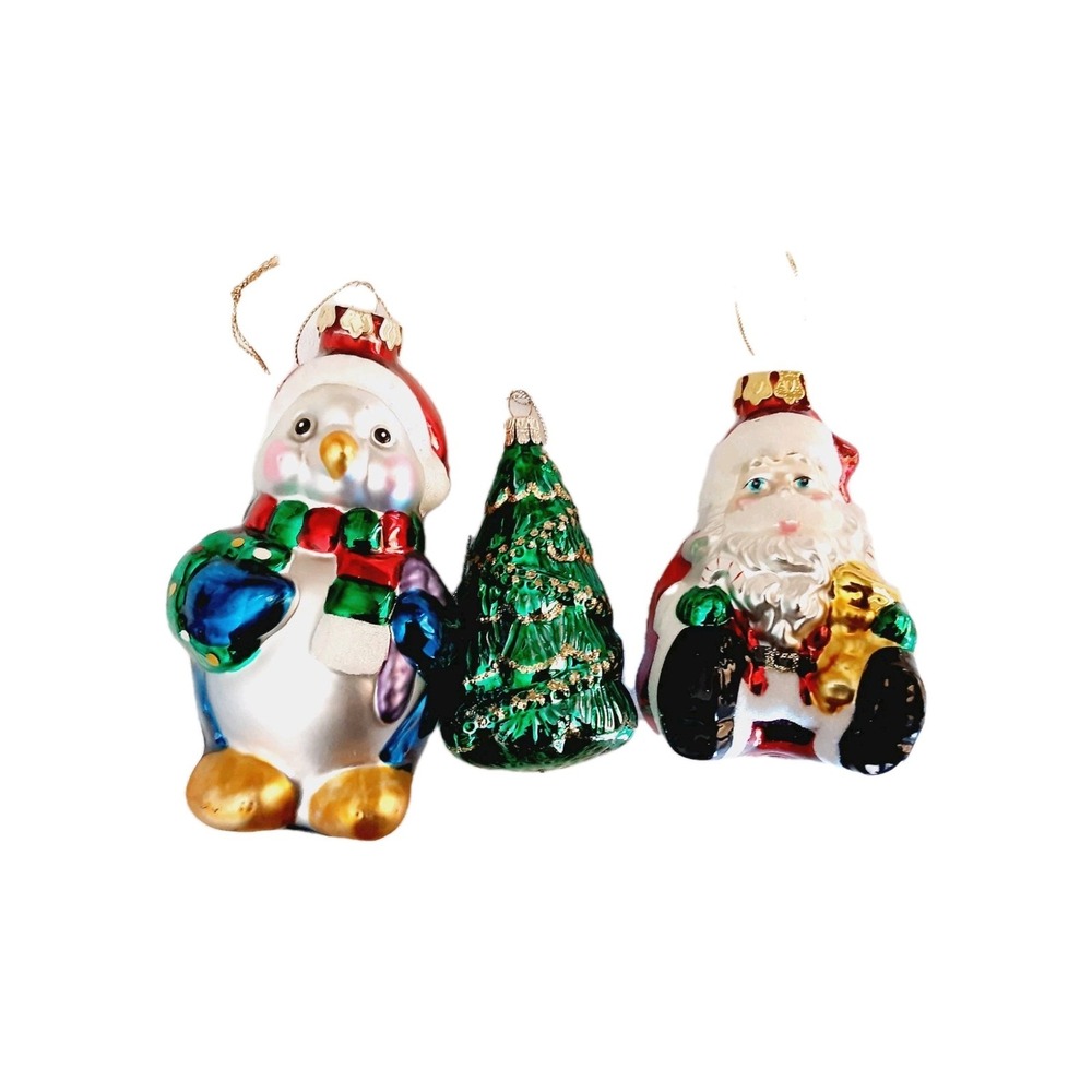 Glass Christmas Ornaments Santa Pinguin Tree Lot Of 3